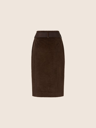 Wrapover Skirt in Brown Cotton and Cashmere Corduroy with Leather Belt 2