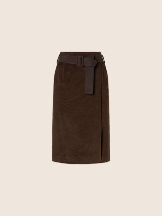 Wrapover Skirt in Brown Cotton and Cashmere Corduroy with Leather Belt 3