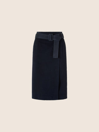 Wrapover Skirt in Navy Blue Cotton and Cashmere Wide-Rib Corduroy with Leather Belt