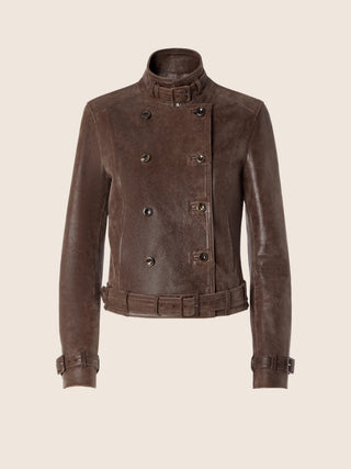 Double-Breasted Jacket in Brown Vintage-Effect Leather