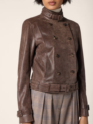 Double-Breasted Jacket in Brown Vintage-Effect Leather 4