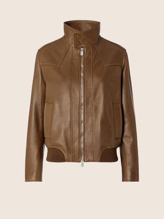 Giubbino bomber a collo alto in nappa plongé colore verde fango 1