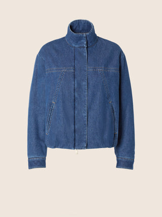 Bomber Jacket in Medium Blue Light Cotton Denim with Stone Wash 1