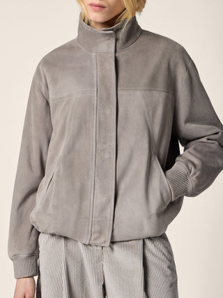 Padded Bomber Jacket in Grey Suede 4