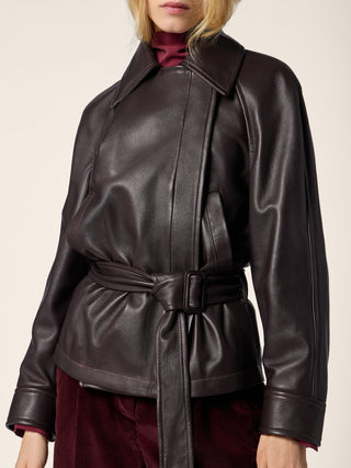 Belted Biker Jacket in Dark Brown Nappa Leather 4