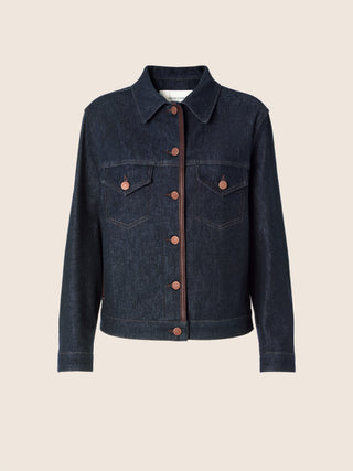 Veste camionneur en denim indigo spécial confort et lyocell, délavage bleu foncé