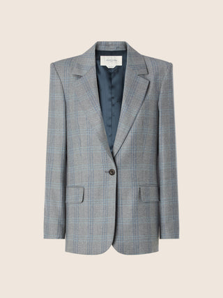 Single-Breasted Blazer in Grey and Blue Check Wool Flannel
