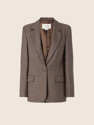 Single-Breasted Blazer in Brown and Navy Blue Houndstooth Wool