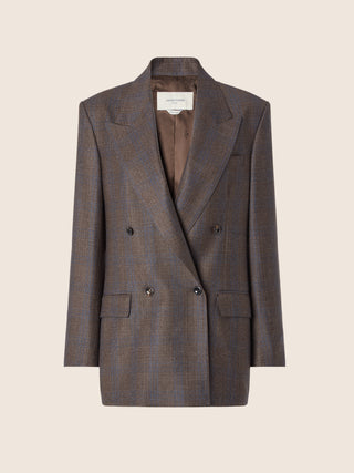 Double-Breasted Blazer in Brown and Blue Check Wool Flannel 1