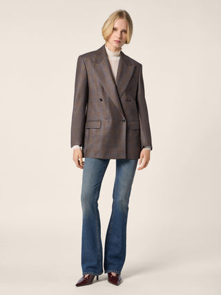 Double-Breasted Blazer in Brown and Blue Check Wool Flannel 2
