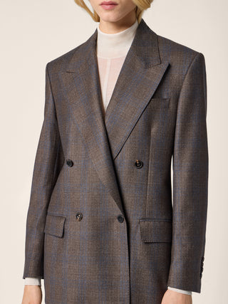 Double-Breasted Blazer in Brown and Blue Check Wool Flannel 4