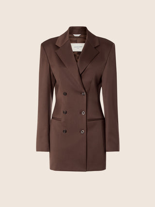 Long Double-Breasted Jacket in Dark Brown Stretch Wool Satin 1
