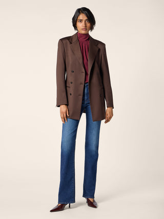 Long Double-Breasted Jacket in Dark Brown Stretch Wool Satin 2