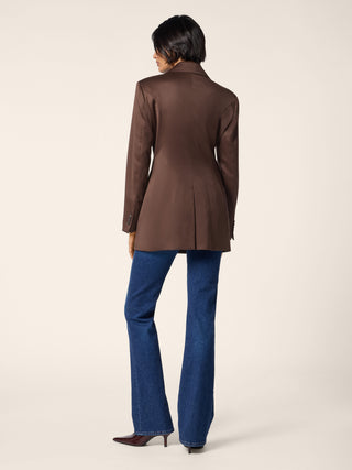 Long Double-Breasted Jacket in Dark Brown Stretch Wool Satin 3