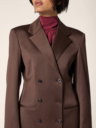 Long Double-Breasted Jacket in Dark Brown Stretch Wool Satin 4