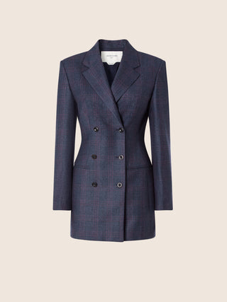 Long Blazer in Blue and Pink Check Wool Flannel 1
