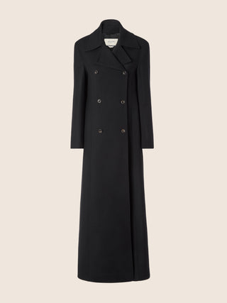 Double-Breasted Coat in Black Compact Wool Twill