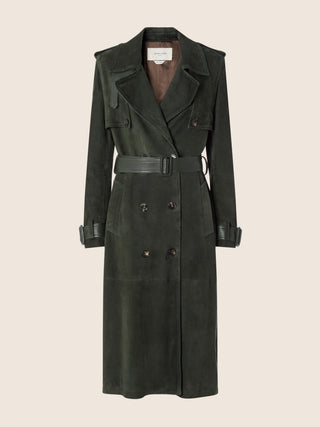 Mid-Length Trench Coat in Forest Green Suede with Leather Trims