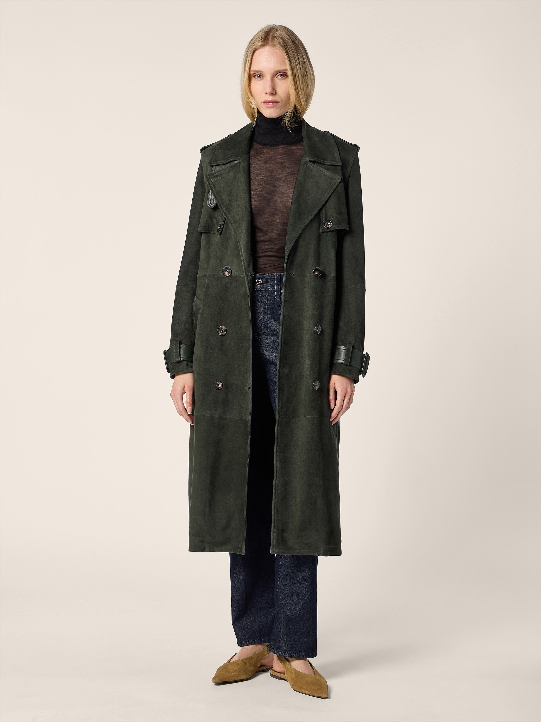Mid-Length Trench Coat in Forest Green Suede with Leather Trims