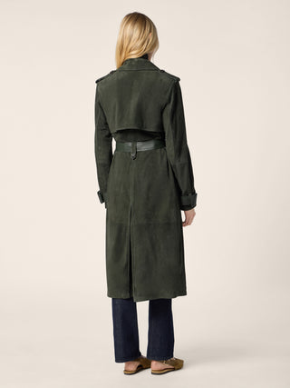 Mid-Length Trench Coat in Forest Green Suede with Leather Trims 3