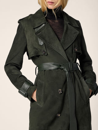 Mid-Length Trench Coat in Forest Green Suede with Leather Trims 4