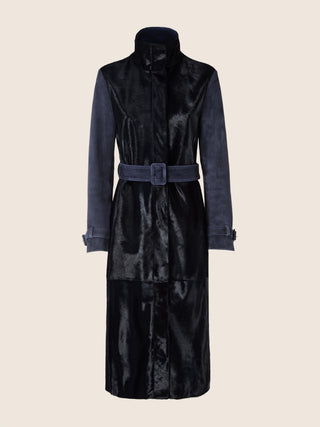 Cappotto midi in cavallino e suede colore blu notte 1