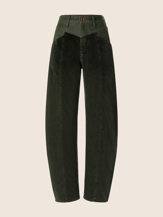 Leni Barrel 5 Pocket Pants in Green Cotton Velvet with Stonewashed Denim Yoke