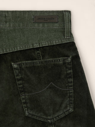 Leni Barrel 5 Pocket Pants in Green Cotton Velvet with Stonewashed Denim Yoke 3