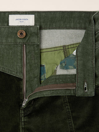 Leni Barrel 5 Pocket Pants in Green Cotton Velvet with Stonewashed Denim Yoke 5