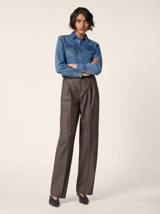 Robin Tailored 5 Pocket Pants in Brown and Navy Blue Check Wool Flannel 2