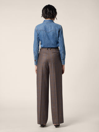 Robin Tailored 5 Pocket Pants in Brown and Navy Blue Check Wool Flannel 4