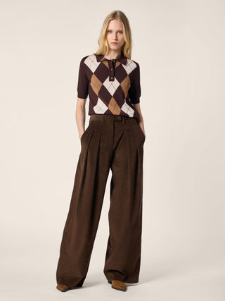 Pantalon Sheryl coupe large en velours de coton et cachemire côtelé marron 2