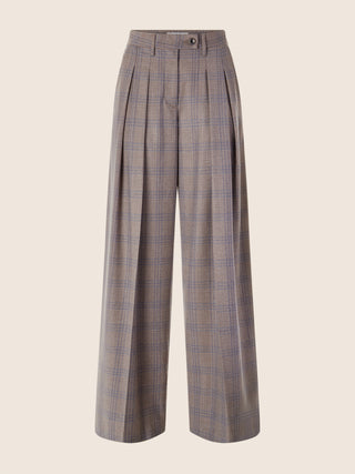Pantalon Sheryl noisette et bleu coupe large en flanelle de laine à carreaux 1
