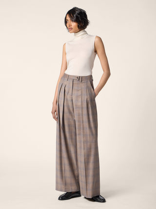 Pantalon Sheryl noisette et bleu coupe large en flanelle de laine à carreaux 3