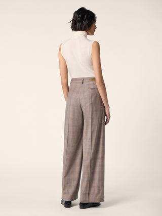 Pantalon Sheryl noisette et bleu coupe large en flanelle de laine à carreaux 4