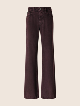 Hailey Relaxed 5 Pocket Pants in Burgundy Cotton Bull with Marble Effect 1