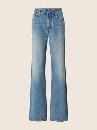 Hailey Relaxed 5 Pocket Jeans in Dark Blue Cotton and Lyocell Denim with Vintage Wash 1