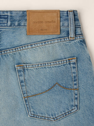 Hailey Relaxed 5 Pocket Jeans in Dark Blue Cotton and Lyocell Denim with Vintage Wash 2