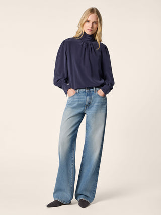Hailey Relaxed 5 Pocket Jeans in Dark Blue Cotton and Lyocell Denim with Vintage Wash 3