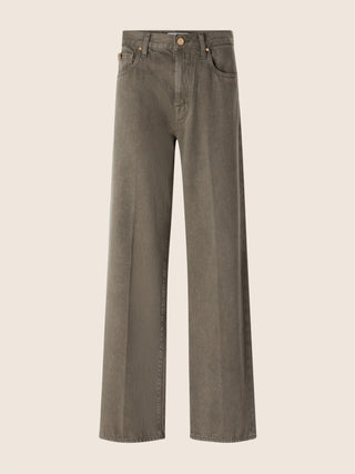 Grace Wide 5 Pocket Pants in Olive Green Cotton Bull with Marble Effect 1
