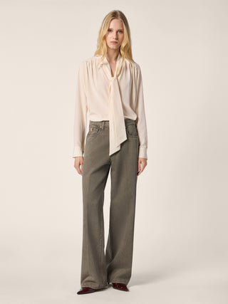 Grace Wide 5 Pocket Pants in Olive Green Cotton Bull with Marble Effect 3