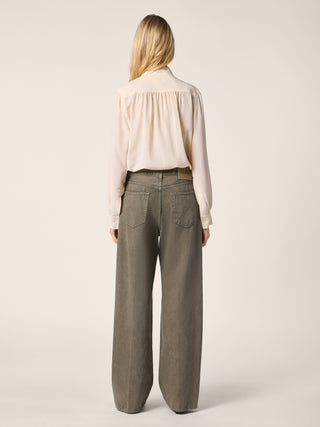 Grace Wide 5 Pocket Pants in Olive Green Cotton Bull with Marble Effect 4