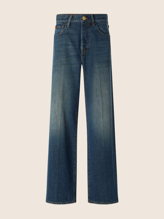 Jean 5 poches Grace coupe décontractée en denim de coton bleu foncé délavé vintage 1
