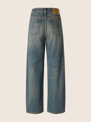 Jean 5 poches Lila coupe barrel en denim de coton bleu moyen délavé vintage 4