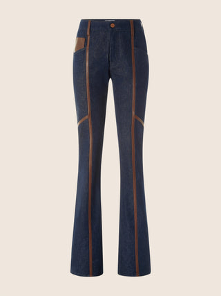 Vivian Bootcut 5 Pocket Jeans in Dark Blue Cotton and Lyocell Comfort Denim with Rinse Wash and Nappa Leather Trims