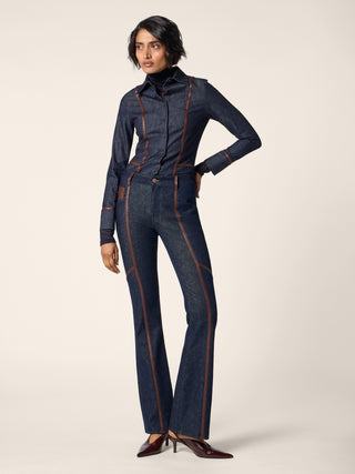Vivian Bootcut 5 Pocket Jeans in Dark Blue Cotton and Lyocell Comfort Denim with Rinse Wash and Nappa Leather Trims 3