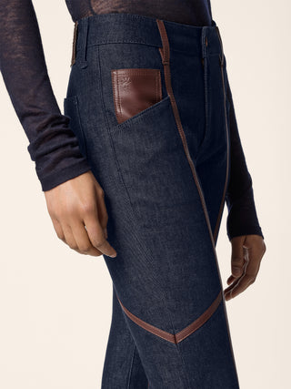 Vivian Bootcut 5 Pocket Jeans in Dark Blue Cotton and Lyocell Comfort Denim with Rinse Wash and Nappa Leather Trims 6