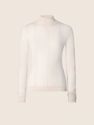 Halbtransparenter Rollkragenpullover aus cremefarbener Wolle 1