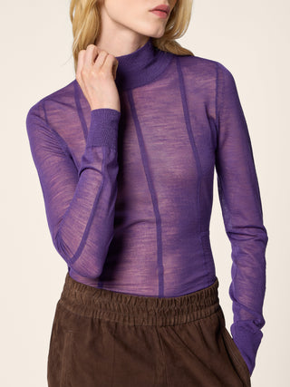 Halbtransparenter Rollkragenpullover aus violetter Wolle 4