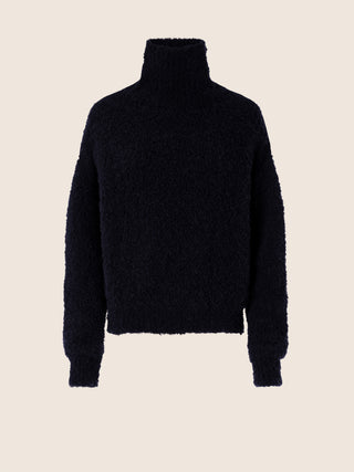 Pullover mit hohem Kragen in blauem Bouclé-Gewebe aus Alpakagemisch mit Wolldetails 1